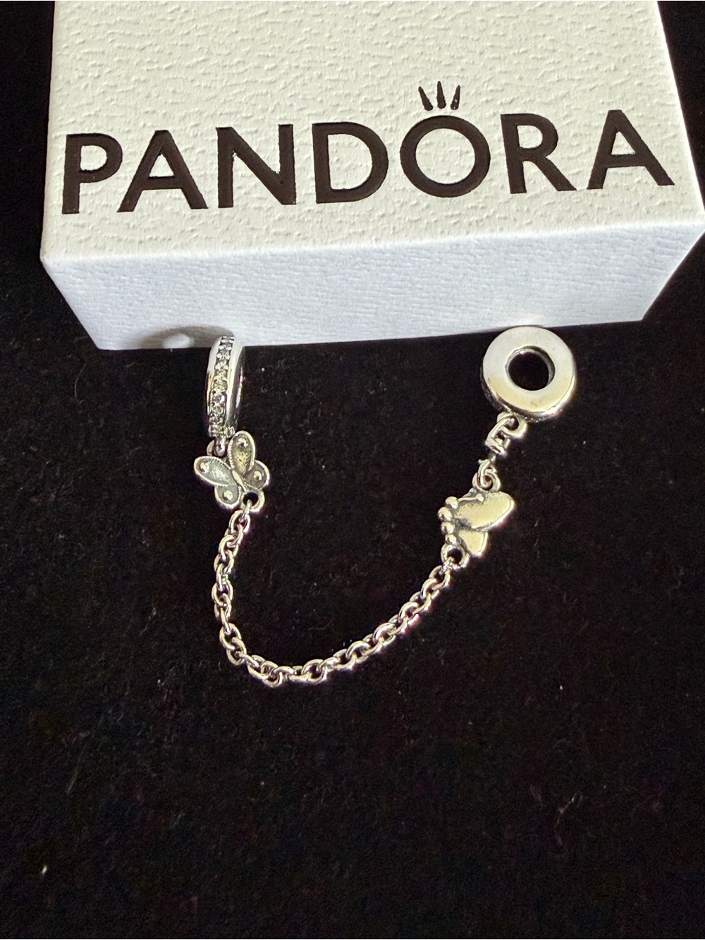 Butterfly silver safety chain with clear cubic zirconia